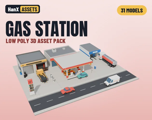 Low Poly Gas Station Pack: low poly 3D models