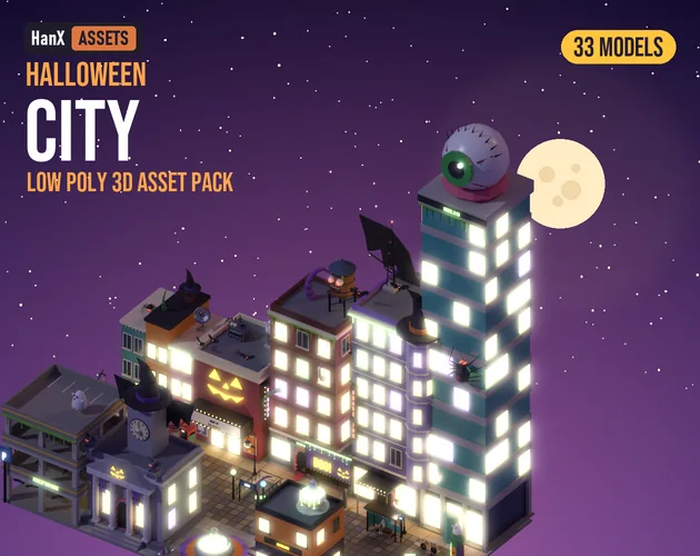 Low Poly Halloween City Pack: low poly 3D models