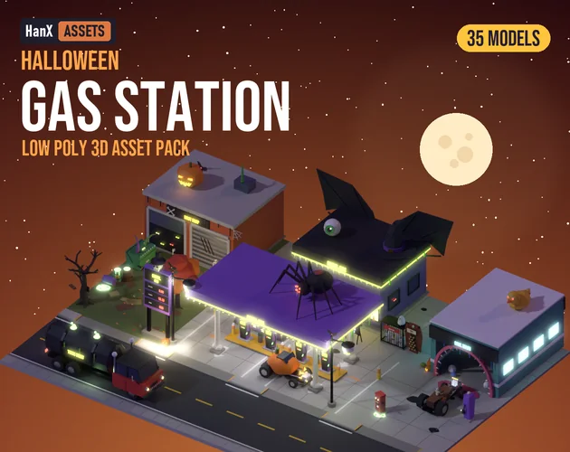 Low Poly Halloween Gas Station Pack: low poly 3D models