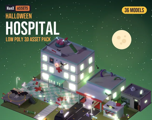 Low Poly Halloween Hospital Pack: low poly 3D models