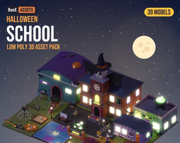 Low Poly Halloween School Pack: low poly 3D models