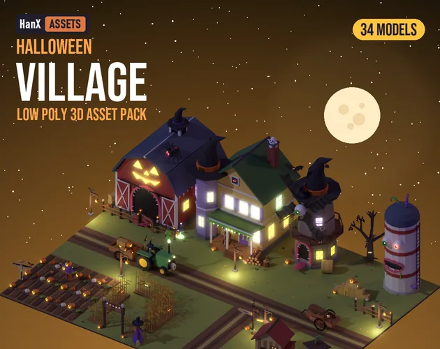 Low Poly Halloween Village Pack: low poly 3D models